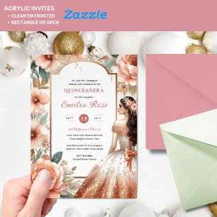 Cinnamon Rose Gold Quinceañera Dress Floral Quince Acrylic Invitations