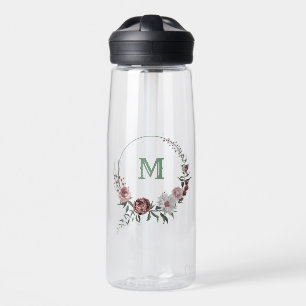 cinnamon rose, white and pink flowers greenery water bottle