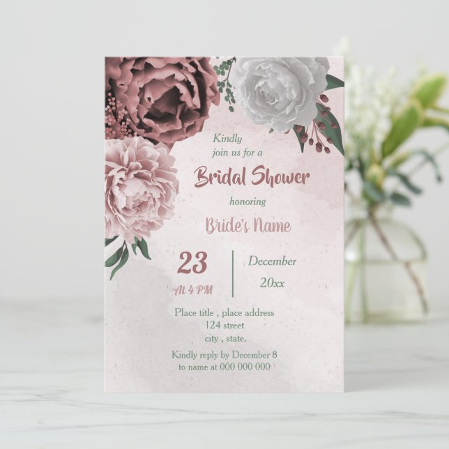 cinnamon rose white floral greenery bridal shower invitation (Standing Front)