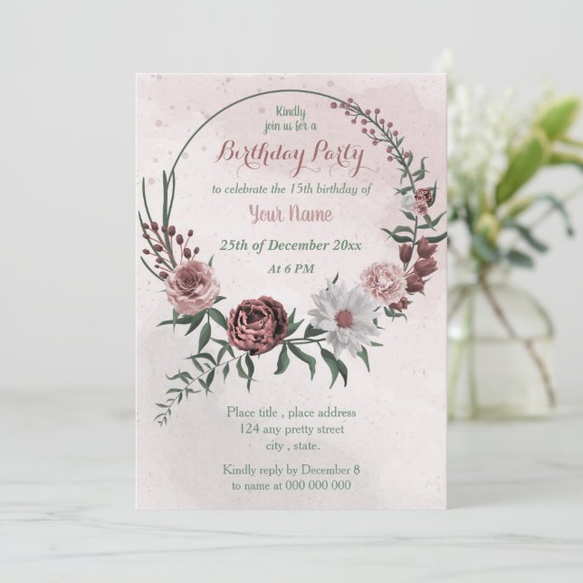 cinnamon rose white floral wreath birthday party invitation (Standing Front)