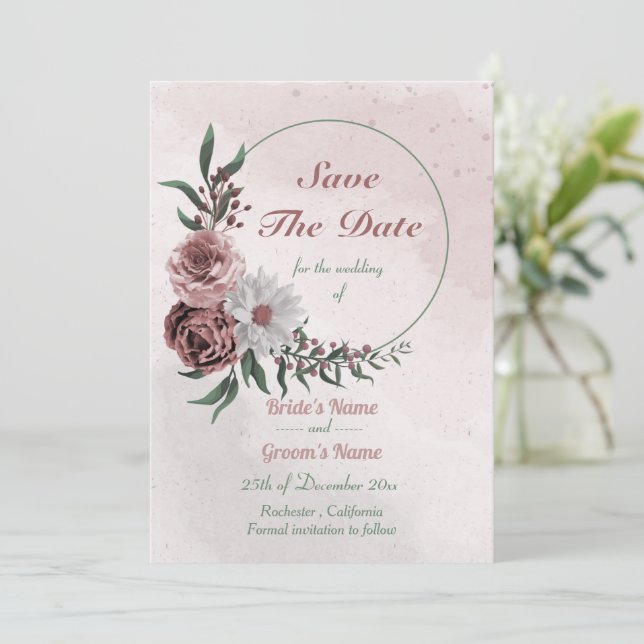 cinnamon rose white floral wreath save the date (Standing Front)