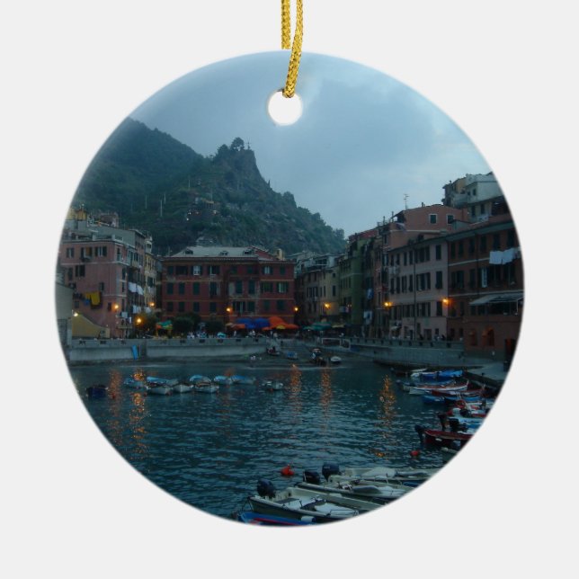 Cinque Terre at Dusk Ceramic Tree Decoration (Front)