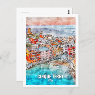 Cinque Terre Italy Famous Travel Place Watercolor Postcard
