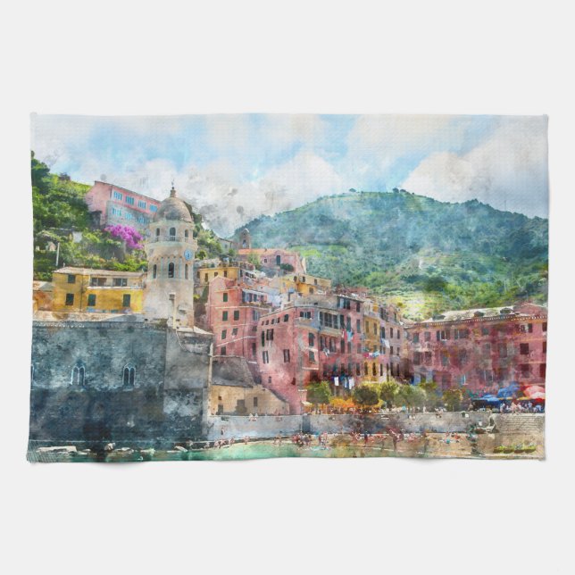 Cinque Terre Italy in the Italian Riviera Tea Towel (Horizontal)