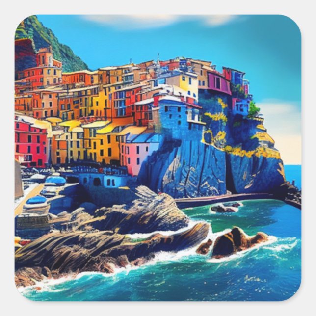 Cinque Terre, Italy Oil Painting Style Square Sticker (Front)