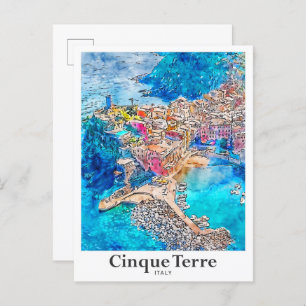 Cinque Terre Italy Travel Watercolor Hand Drawn Postcard