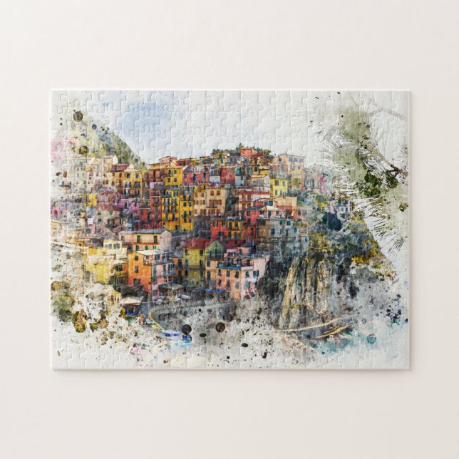 Cinque Terre Liguria Italy scene summer watercolor Jigsaw Puzzle (Horizontal)