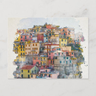 Cinque Terre Watercolor Art Postcard