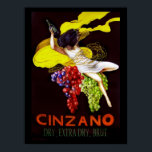 Cinzano Poster<br><div class="desc">A beautiful,  vivid,  eye catching vintage print of a woman holding a bottle of extra dry Brut.  She's in a white dress onto of two clusters of grapes,  one green and the other red and purple.</div>