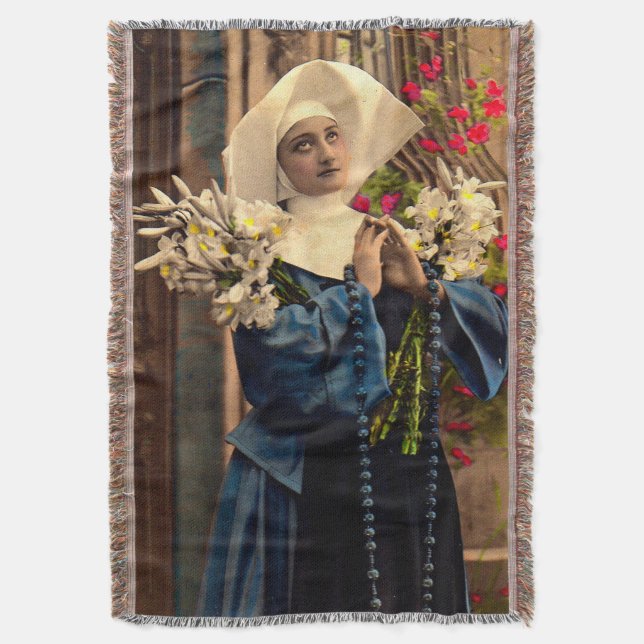 circa 1910 blue nun throw blanket (Front Vertical)