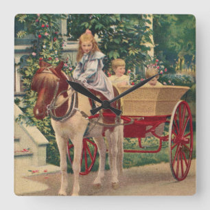 circa 1910 children and horse-drawn cart square wall clock