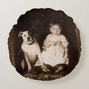 circa 1910 pitbull and baby RPPC Round Cushion