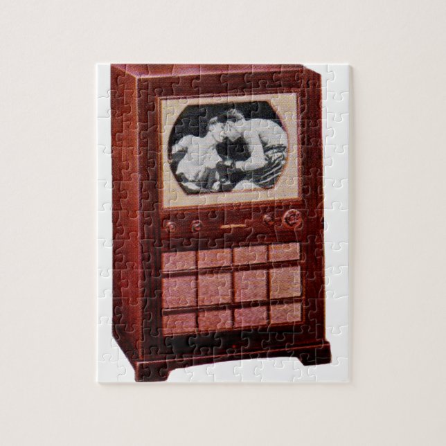 circa 1951 television set broadcasting boxing jigsaw puzzle (Vertical)