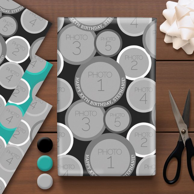 Circle 5 Photo Happy Birthday Greeting - circles Wrapping Paper Sheet (Custom Photo Wrapping Paper)