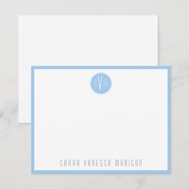 Circle Blue Monogram Name Note Card (Front/Back)