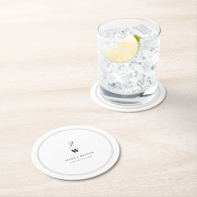 Circle Classic Bars Double Monogram Modern Wedding Round Paper Coaster (Insitu)