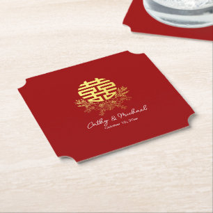 Circle double happiness flower chinese wedding paper coaster