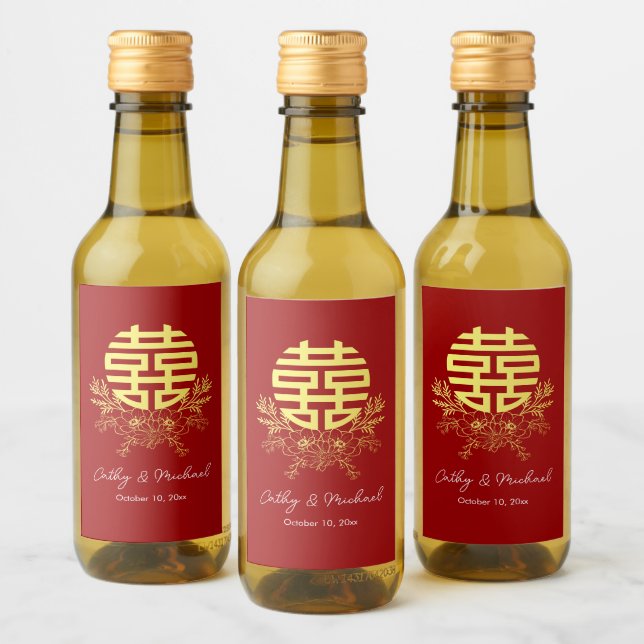 Circle double happiness flower chinese wedding wine label (Bottles)