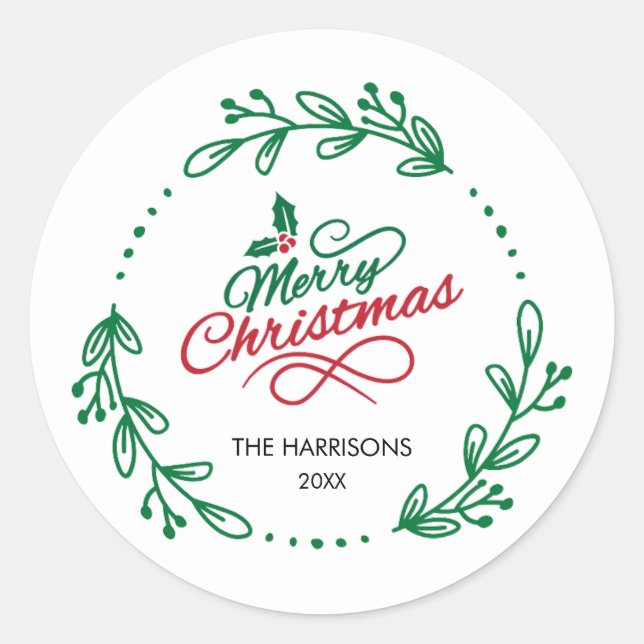 Circle Floral Leaf Frame Christmas  Classic Round Sticker (Front)