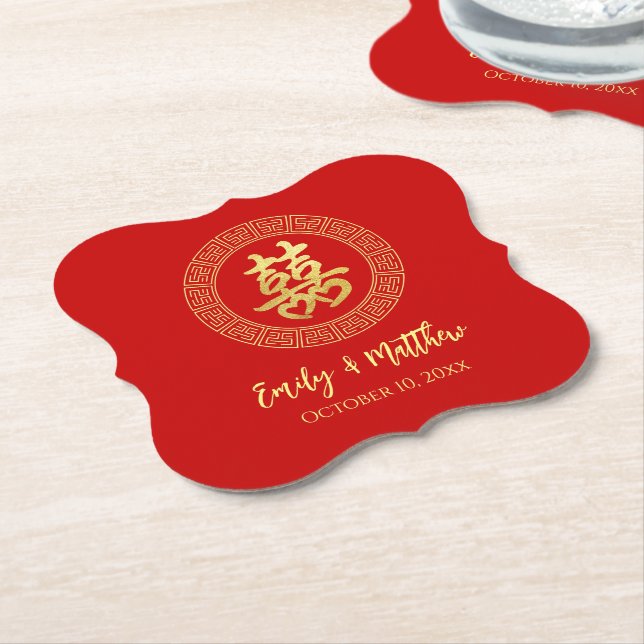 Circle frame double happiness Chinese wedding Paper Coaster (Angled)