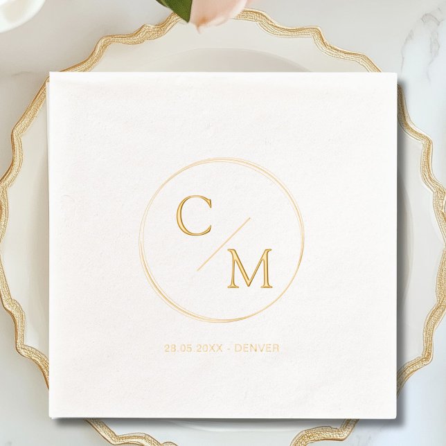 Circle Frame Monogram Foil Wedding  Foil Napkins (Simple, elegant, monogram, wedding foil napkins)