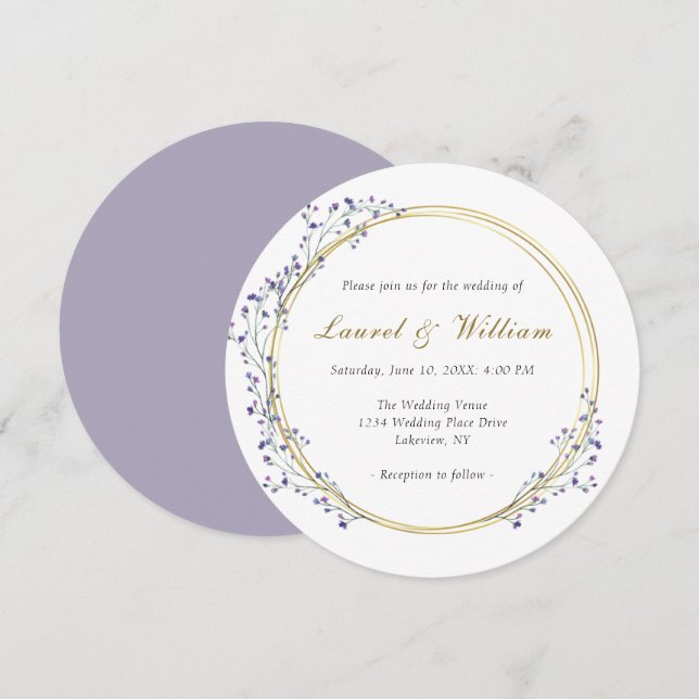Circle Gold Purple Wreath Wedding Invitation (Front/Back)