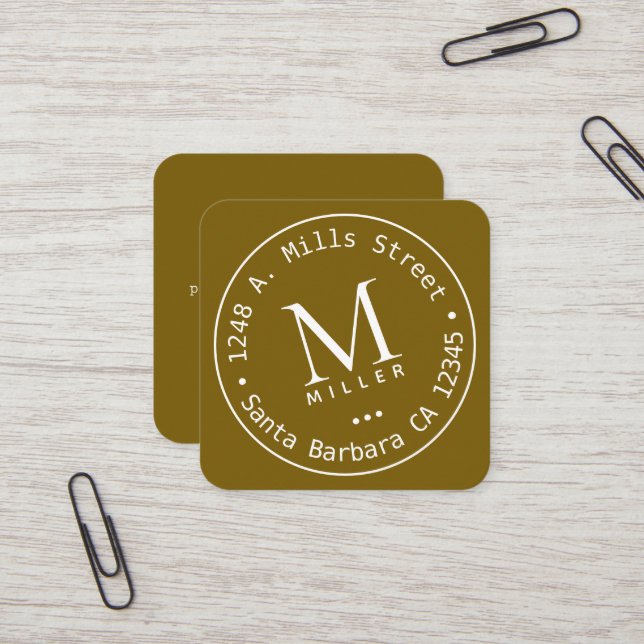 Circle Monogram with Address rounded border Square Business Card (Front/Back In Situ)