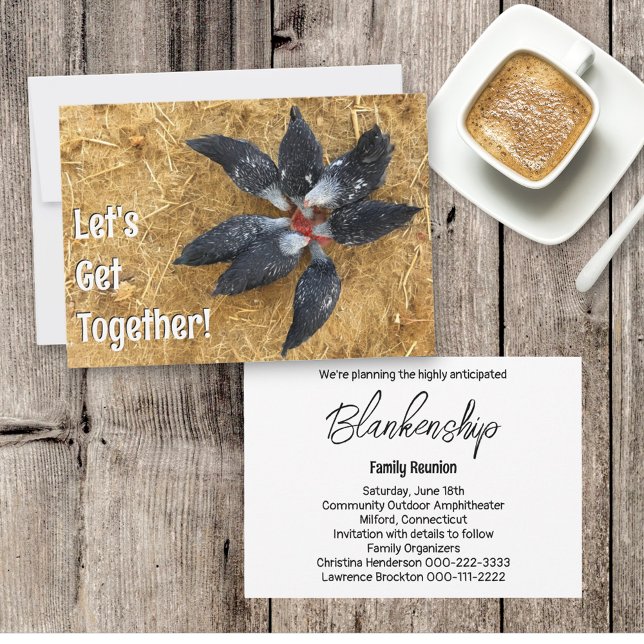 Circle of Black & White Chickens Eating Watermelon Invitation (invitation front with envelope and invitation back with details)