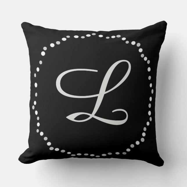 Circle of Dots Light Grey Black Monogrammed Pillow (Front)