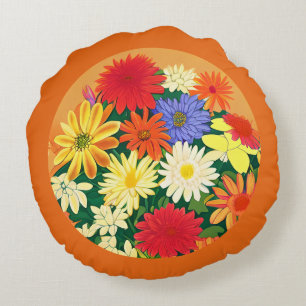 Circle of Flowers, Colored Daisies and Asters Round Cushion