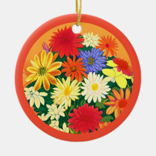Circle of Flowers, Coloured Daisies and Asters Ceramic Ornament