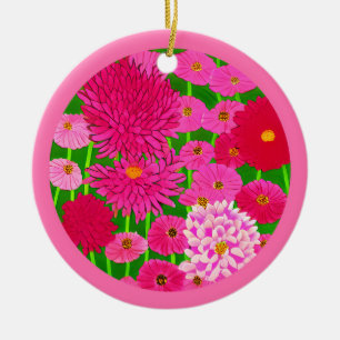 Circle of Flowers, Fuchsia Pink Chrysanthemums Ceramic Ornament