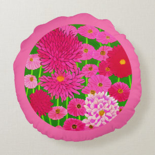 Circle of Flowers, Fuchsia Pink Chrysanthemums  Round Cushion