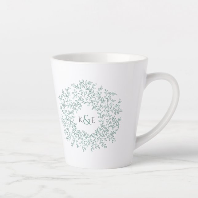 Circle of green leaves wedding gift monogram latte mug (Right)