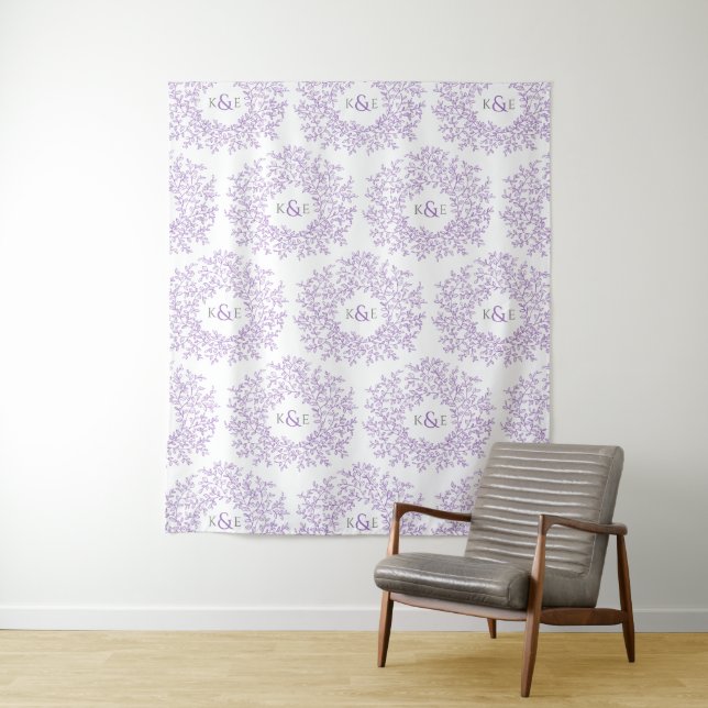 Circle of leaves custom monogram purple wedding tapestry (In Situ)