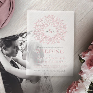 Circle of leaves monogram pink wedding vellum invitations