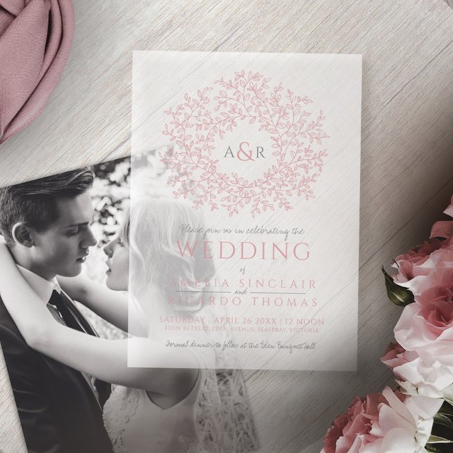 Circle of leaves monogram pink wedding vellum invitations (Creator Uploaded)