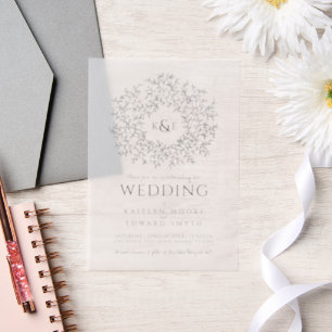 Circle of leaves monogram wedding vellum invitations