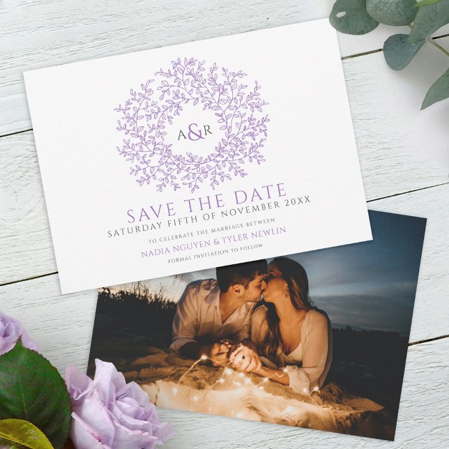 Circle of leaves purple grey white photo wedding save the date (Creator Uploaded)