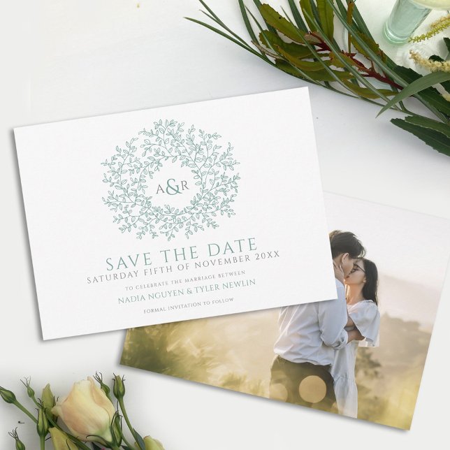 Circle of leaves sage green photo wedding save the date (Creator Uploaded)