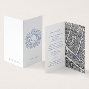 Circle of leaves white blue wedding directions