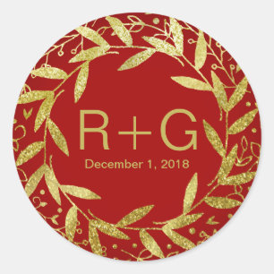 Circle of Leaves Wreath Gold Glitter   red Classic Round Sticker