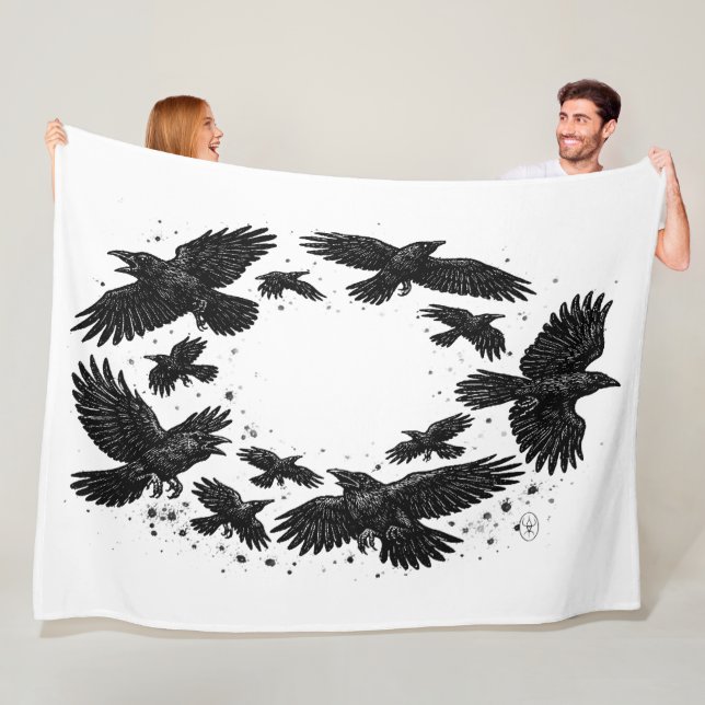 Circle of Ravens – Haunted Ink Illustration Fleece Blanket (In Situ)