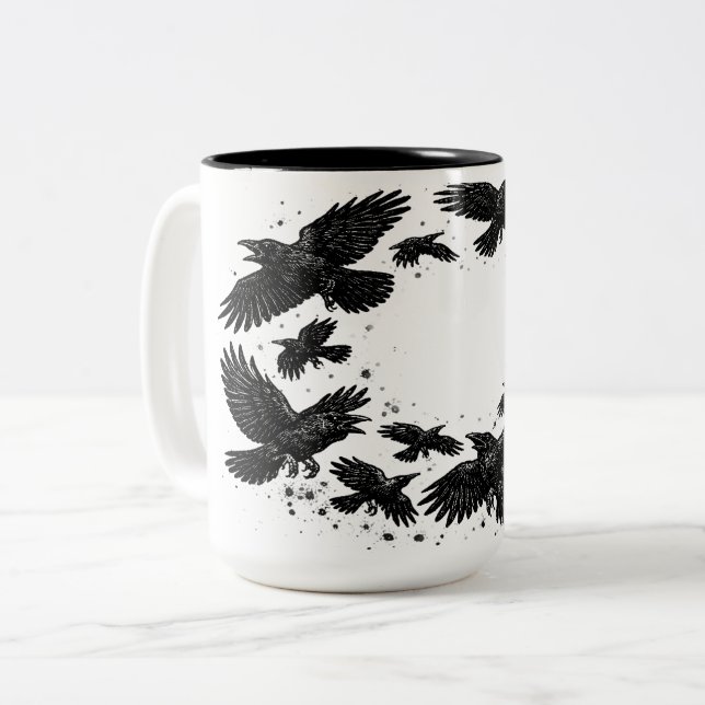 Circle of Ravens – Haunted Ink Illustration Two-Tone Coffee Mug (Front Left)