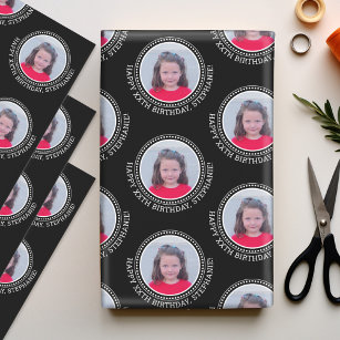 Circle One Photo Happy Birthday Greeting - Black Wrapping Paper Sheet