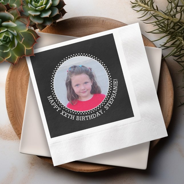 Circle One Photo with Birthday Greeting - Black Napkin (Cute photo - personalized birthday napkins)