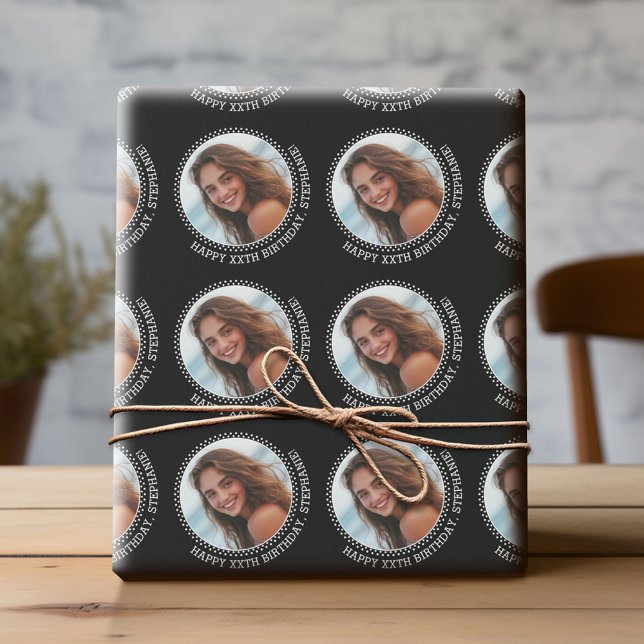 Circle One Photo with Birthday Greeting - Black Wrapping Paper (Custom Birthday Wrapping Paper with Photo)