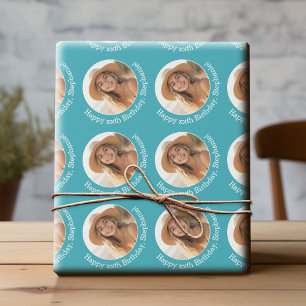Circle One Photo with Birthday Greeting - Blue Wrapping Paper