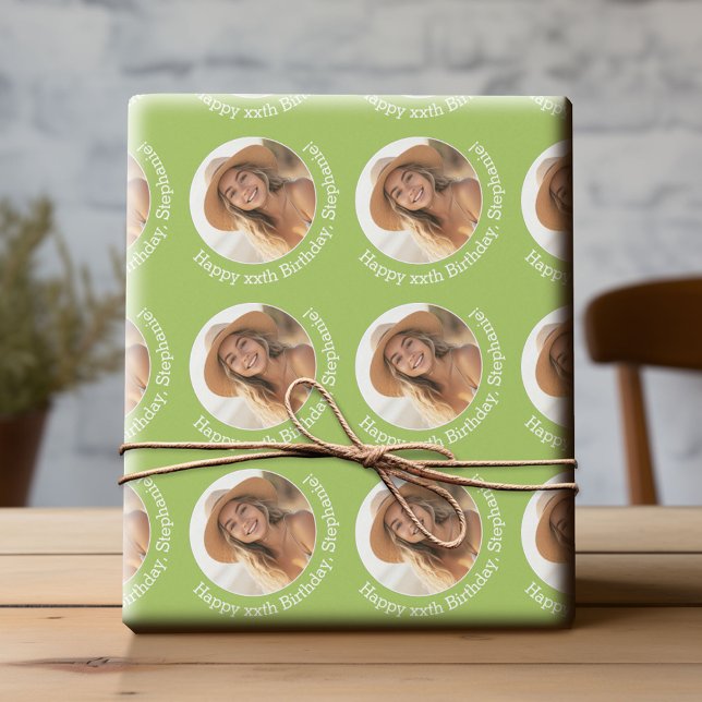 Circle One Photo with Birthday Greeting - Green Wrapping Paper (Custom Birthday Wrapping Paper with Photo)