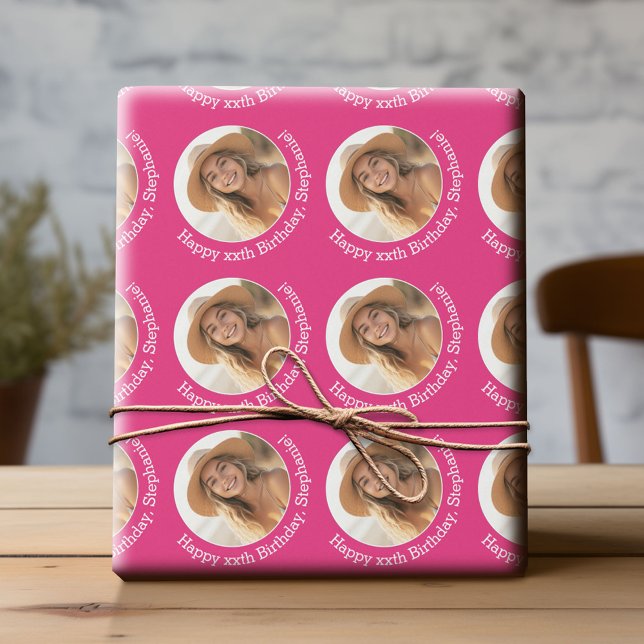 Circle One Photo with Birthday Greeting Magenta Wrapping Paper (Custom Birthday Wrapping Paper with Photo)
